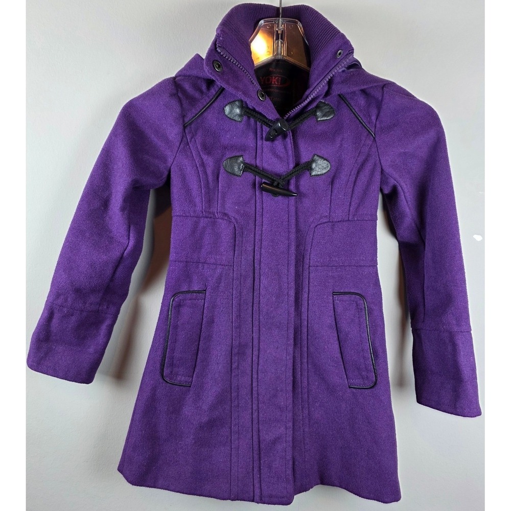Yoki Kids Purple Duffle Coat Hooded Toggle Closure Wool Blend Lined